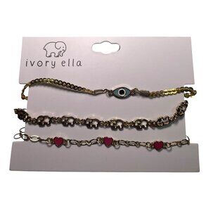 Ivory Ella Bracelet Set of 3 – Gold Tone, Elephants, Hearts & Evil Eye – NWT